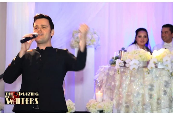 our singing waiter surprises wedding guests at a reception in orange county, california
